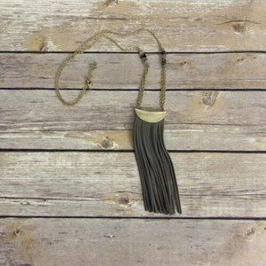 Gold Tone Texture Necklace with Gray Leather Tassel Pendent Clear and Gray Beads